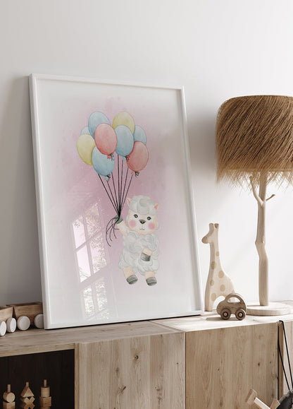 Schattige lam met ballonnen poster