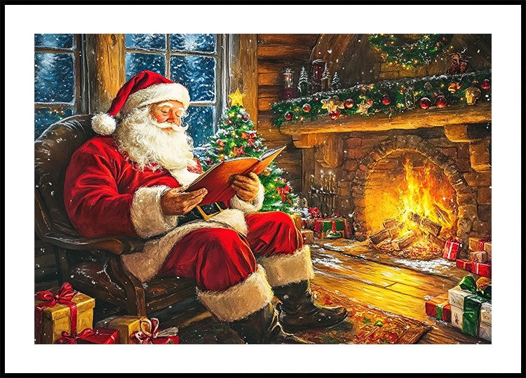 Poster van de Kerstman die bij de open haard leest