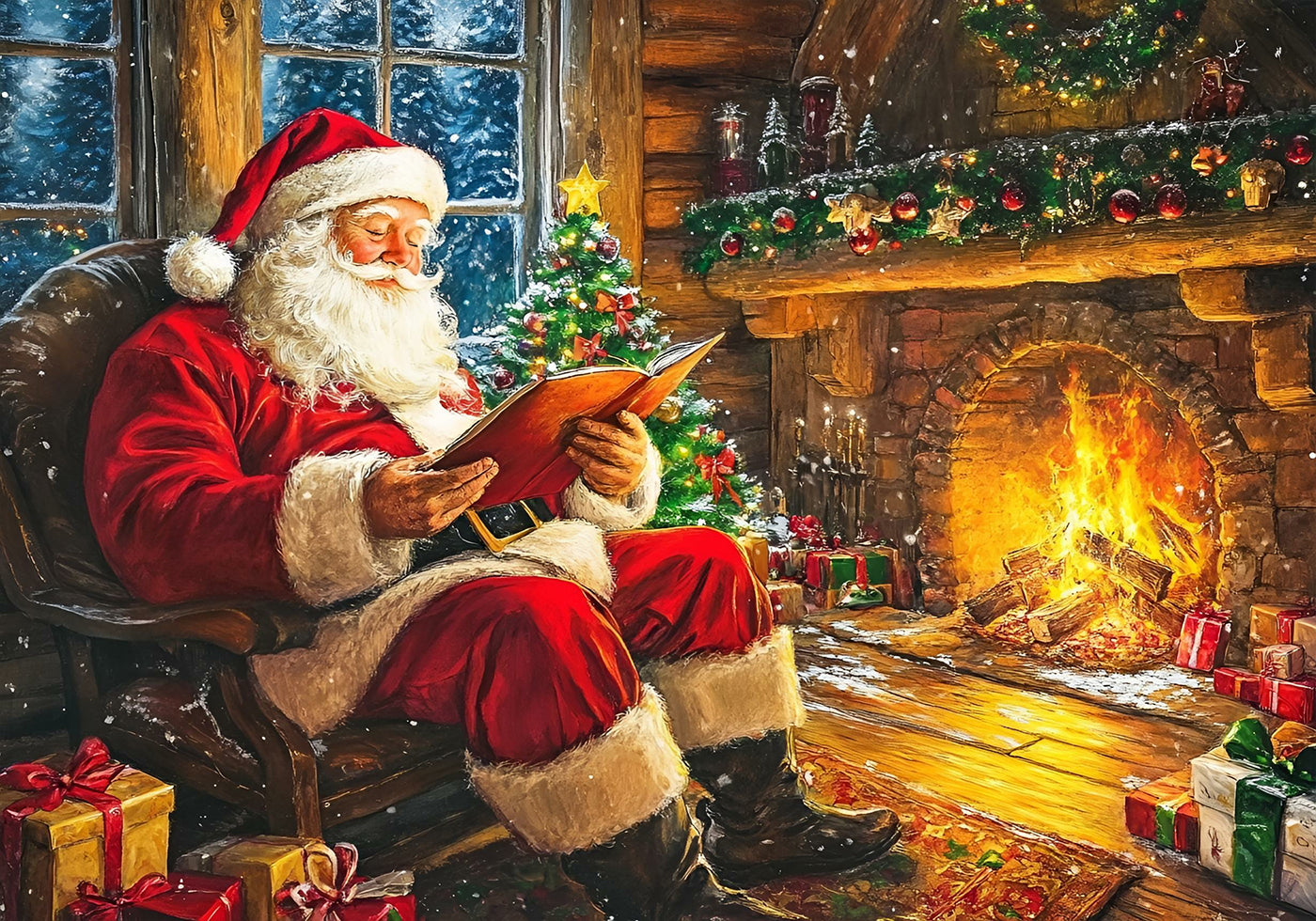 Poster van de Kerstman die bij de open haard leest