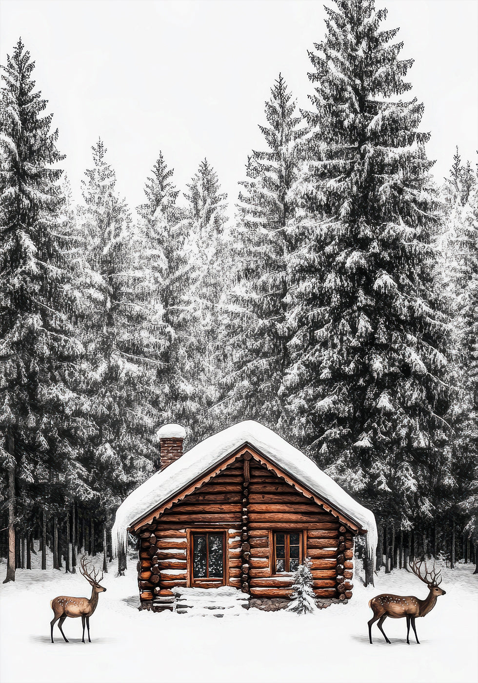 a log cabin with two deer in front of it